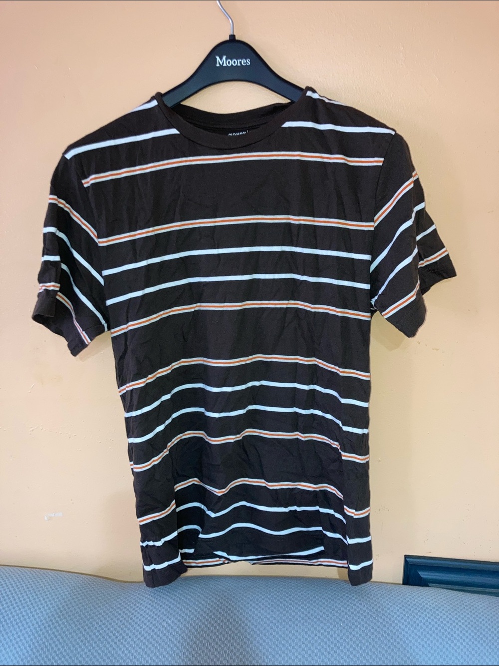 Old Navy Black Short-Sleeve Striped Tee with White and Brown Accents